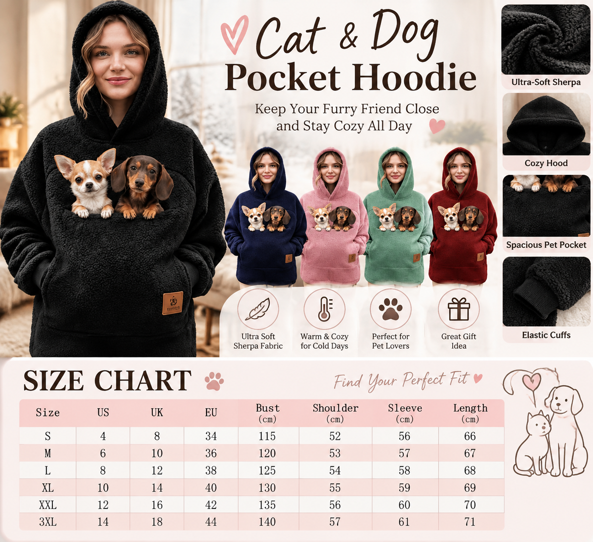 Pet Pocket Hoodie unisex hooded sweatshirt made of lamb wool