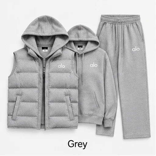 Women's 3-Piece Puffer Vest Tracksuit Set – Hoodie & Wide-Leg Joggers