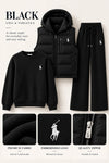 Women's 3-Piece Cashmere Knit Sweater Set – Hooded Puffer Vest & Wide-Leg Pants