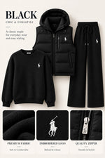 Women's 3-Piece Cashmere Knit Sweater Set – Hooded Puffer Vest & Wide-Leg Pants