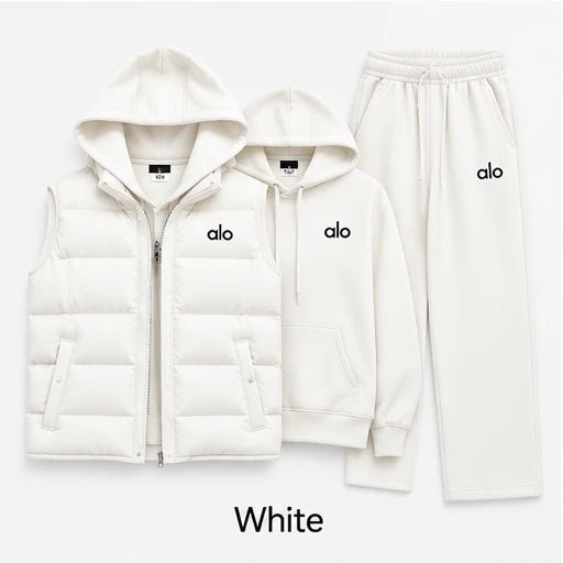 Women's 3-Piece Puffer Vest Tracksuit Set – Hoodie & Wide-Leg Joggers