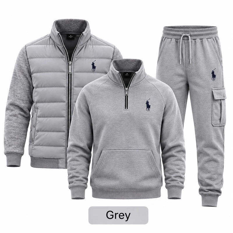 Men's 3-Piece Casual Set – Lightweight Quilted Jacket, Half-Zip Sweatshirt & Cargo Joggers