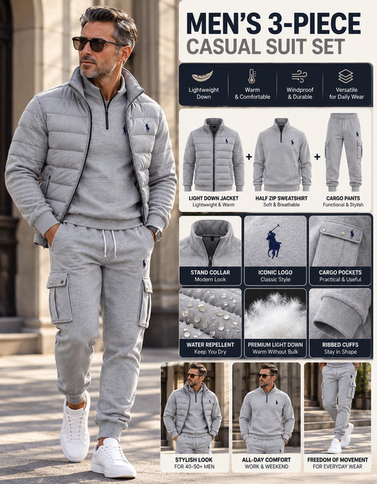 Men's 3-Piece Casual Set – Lightweight Quilted Jacket, Half-Zip Sweatshirt & Cargo Joggers