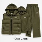 Women's 3-Piece Puffer Vest Tracksuit Set – Hoodie & Wide-Leg Joggers