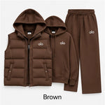 Women's 3-Piece Puffer Vest Tracksuit Set – Hoodie & Wide-Leg Joggers