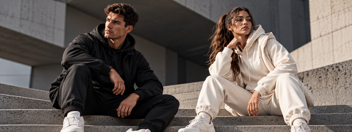 VORZENO autumn winter activewear: man in black tracksuit and woman in cream tracksuit on concrete steps